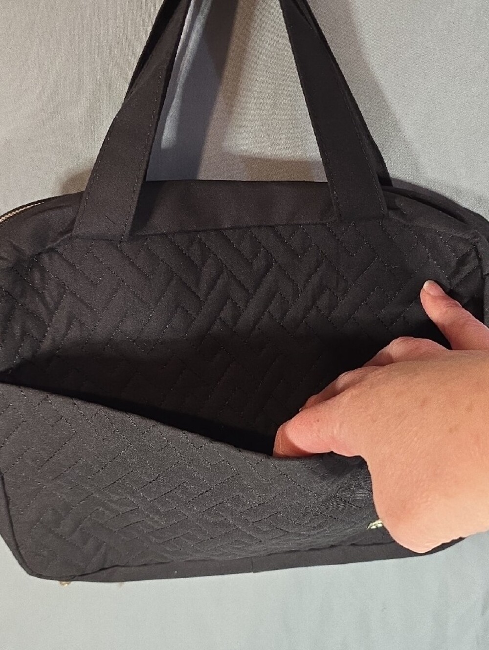 Black Quilted Travel Tote Bag with Top Handles - Picture 3 of 10